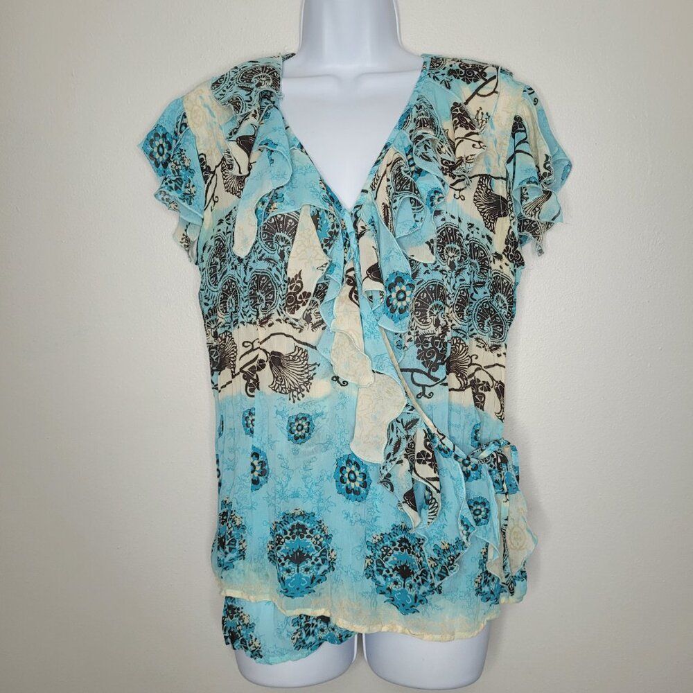 Blue brown boho tie ruffle wrap hippie fairy short sleeve top size large